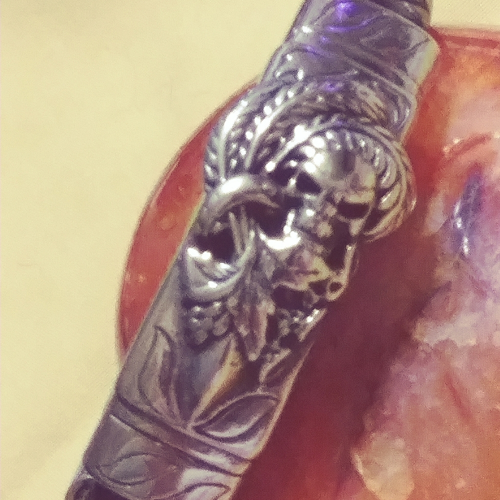 (SET)SKULL/SPEAR. FINE BRAIDED BLACK LEATHER. BRACELET-.5" WIDE. NECKLACE 24"